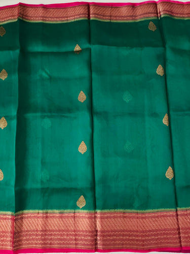 Sheer Lightweight Organza Silk Saree with Tussar Silk Border | Antique Zari | Shade of Peacock Green | Handwoven | Ships from California